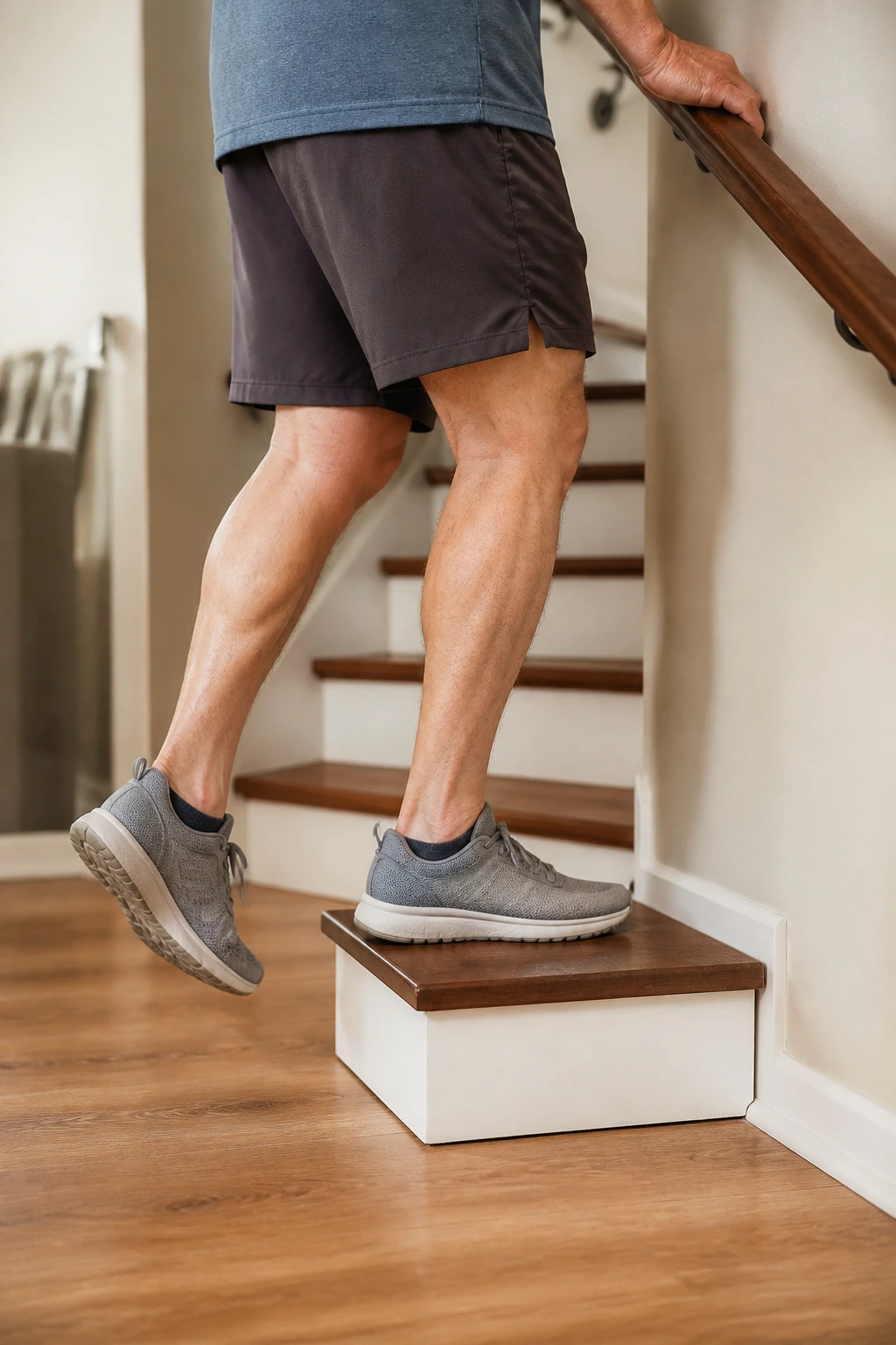 Close-up of a person performing step-ups on a low stair in a home stairwell