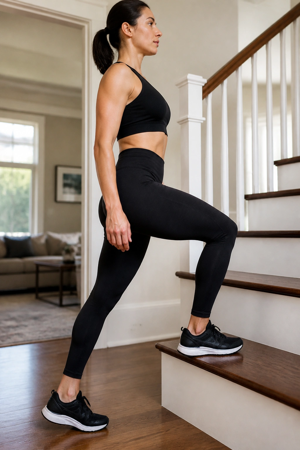 Woman performing step-ups on a low stair in a home setting