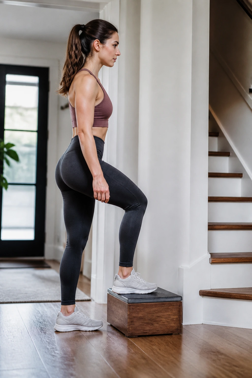 Real woman performing step-ups on a small platform to build leg strength while protecting pelvic floor