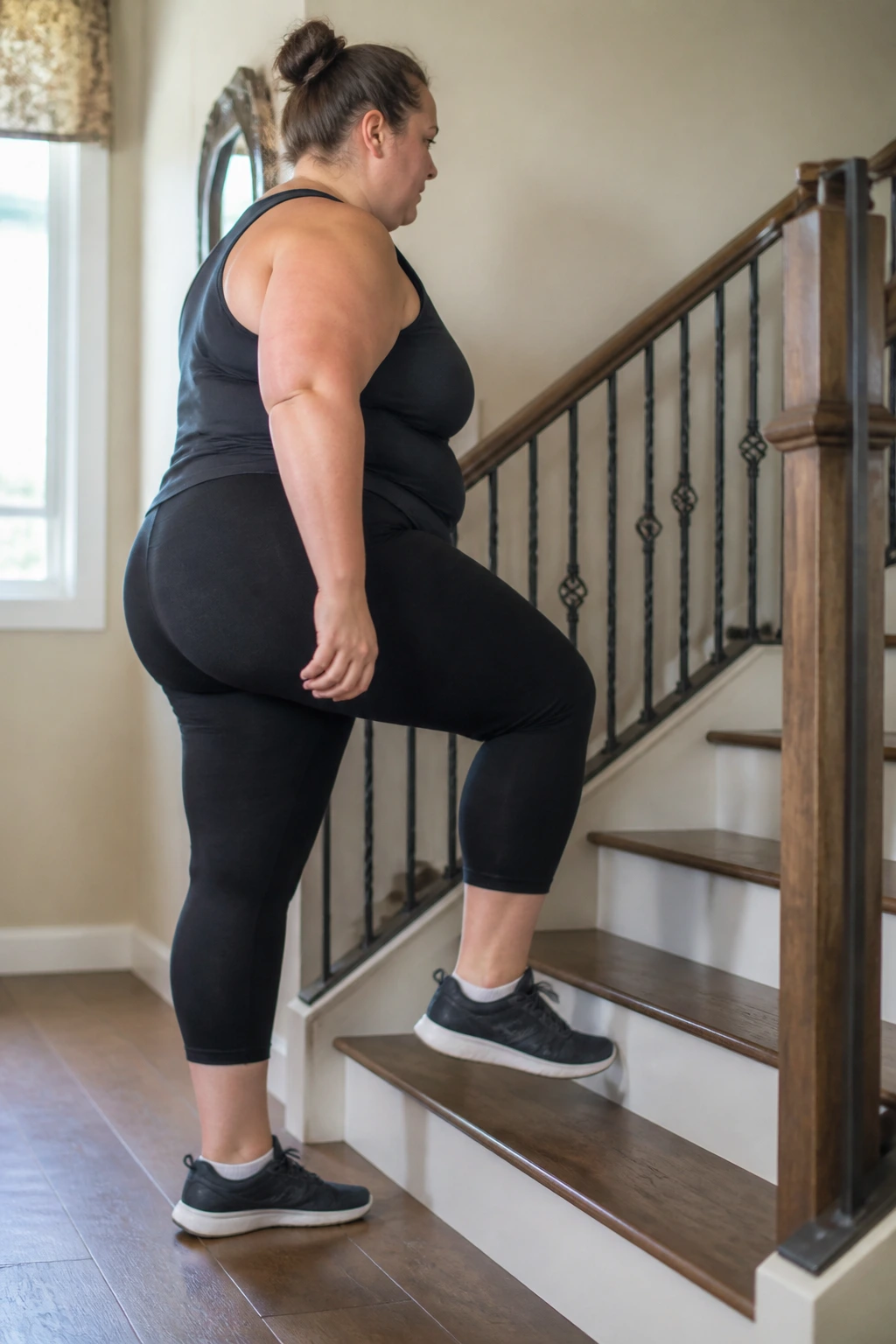 Real person performing a low step-up on a stair in a home setting