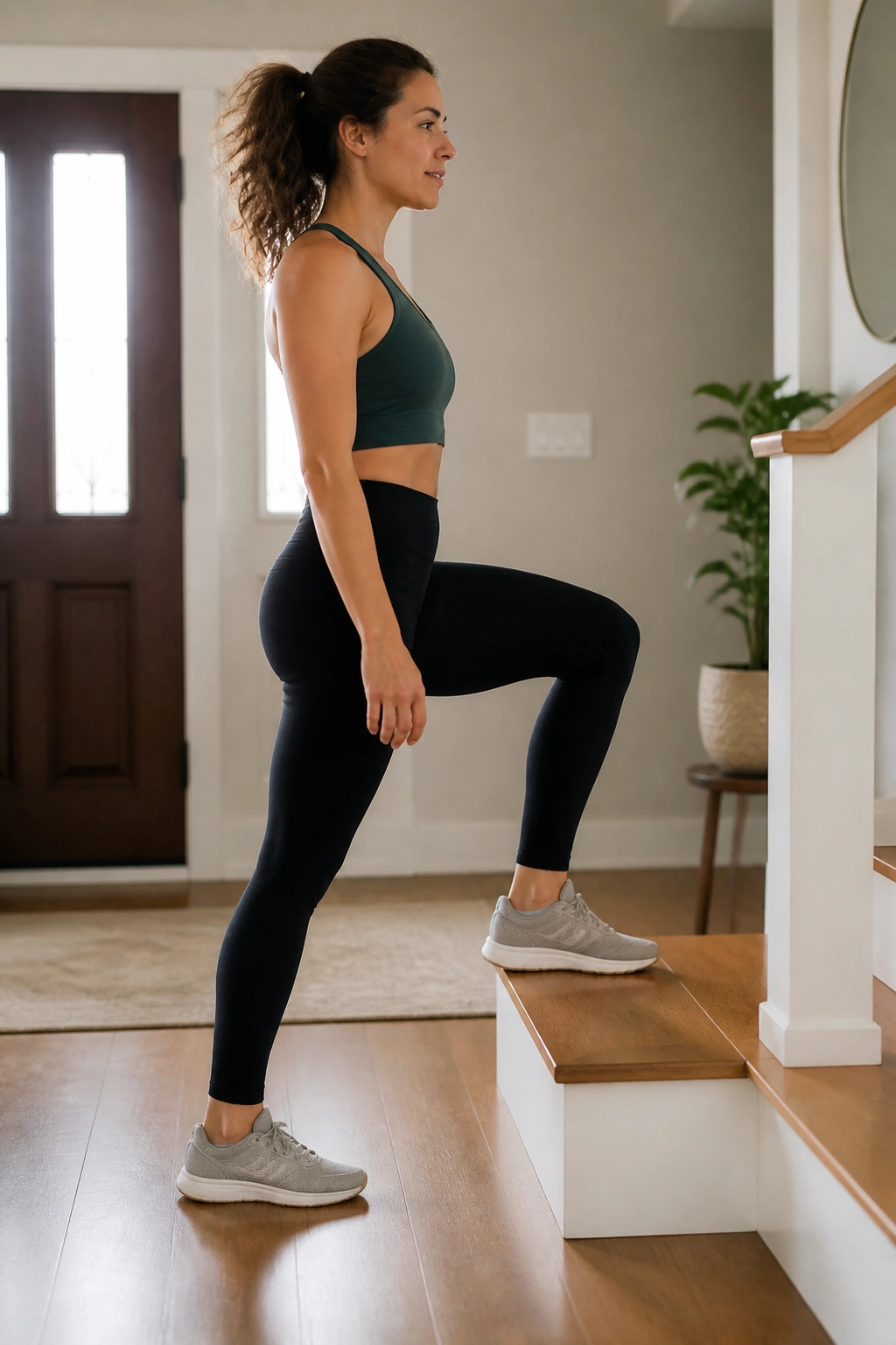 Person stepping up onto a low stair in home setting