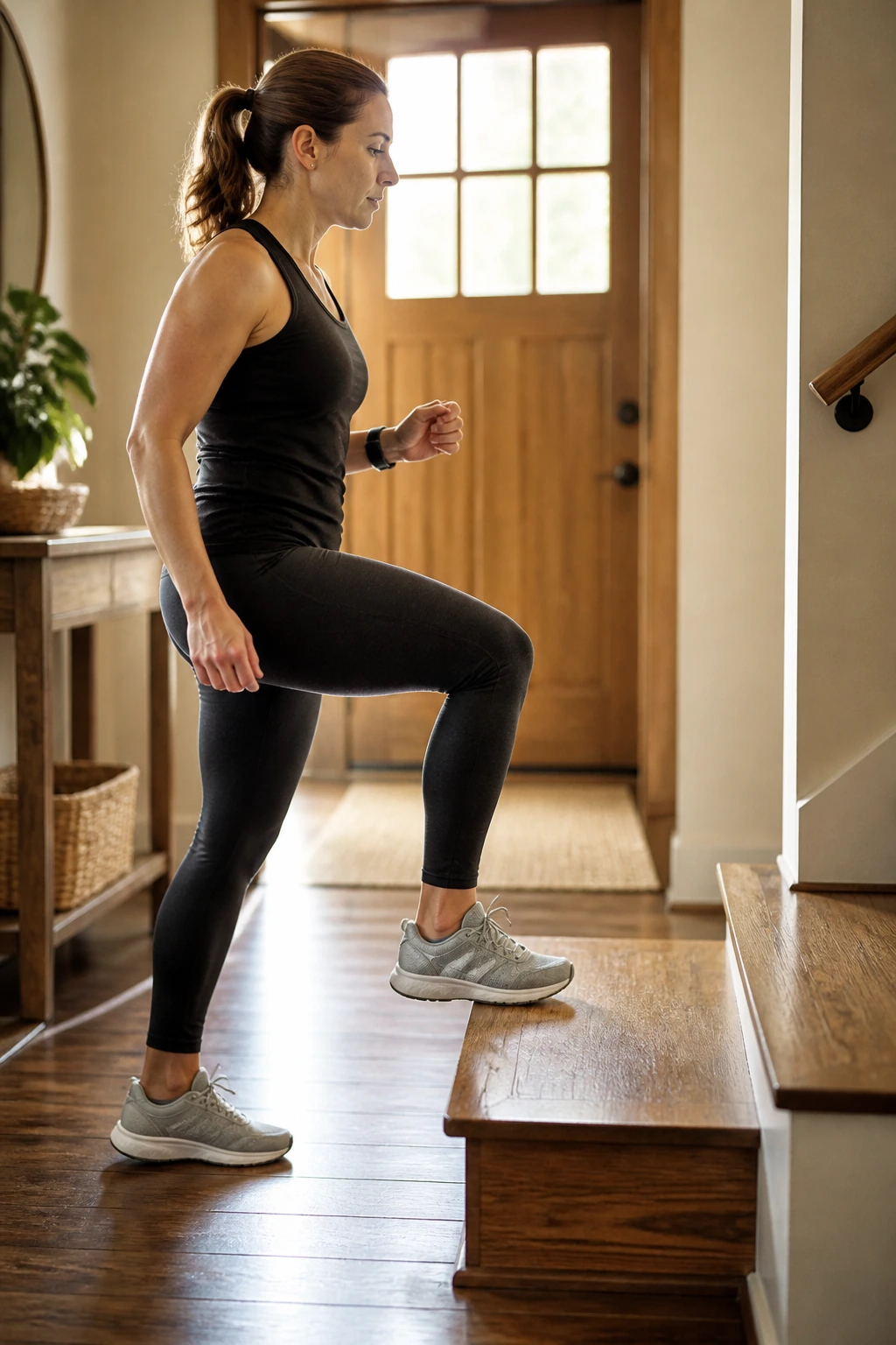 Person performing step-ups on a low stair in a home entry