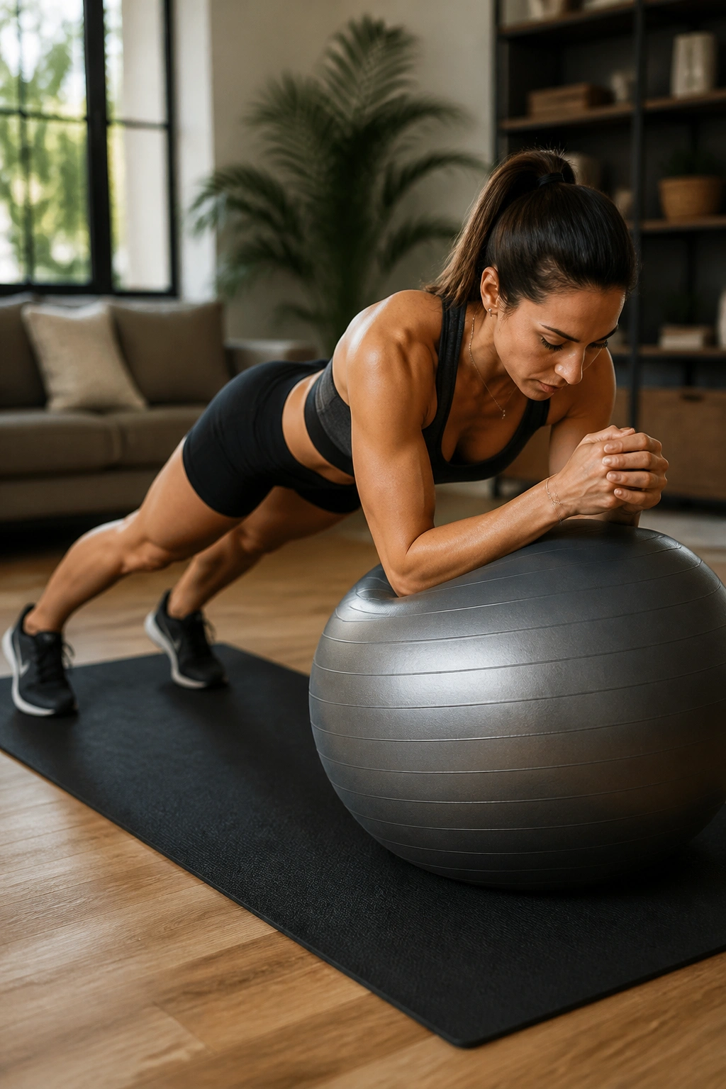 Forearms on stability ball performing small circles to challenge deep stabilizers