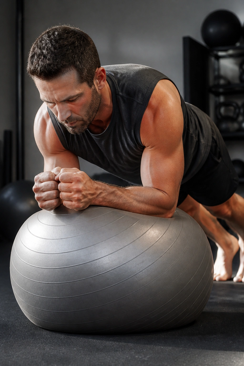 Person performing stir-the-pot on stability ball in plank position