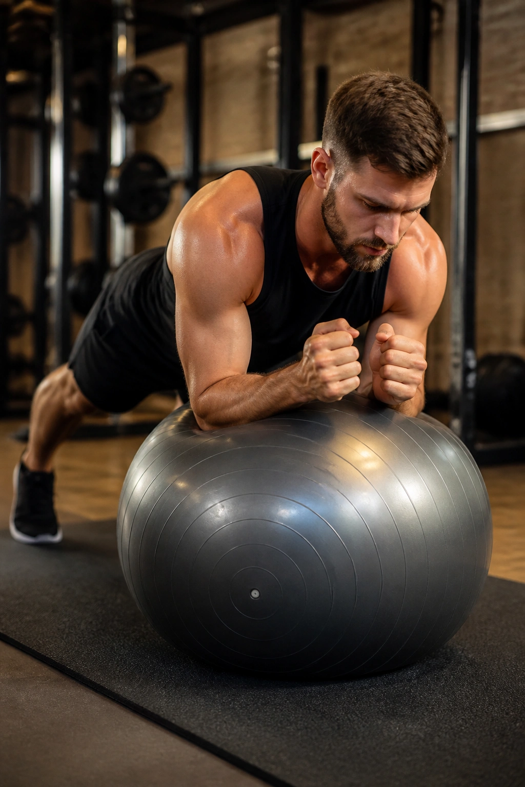 Forearms on a Swiss ball during stir-the-pot core exercise