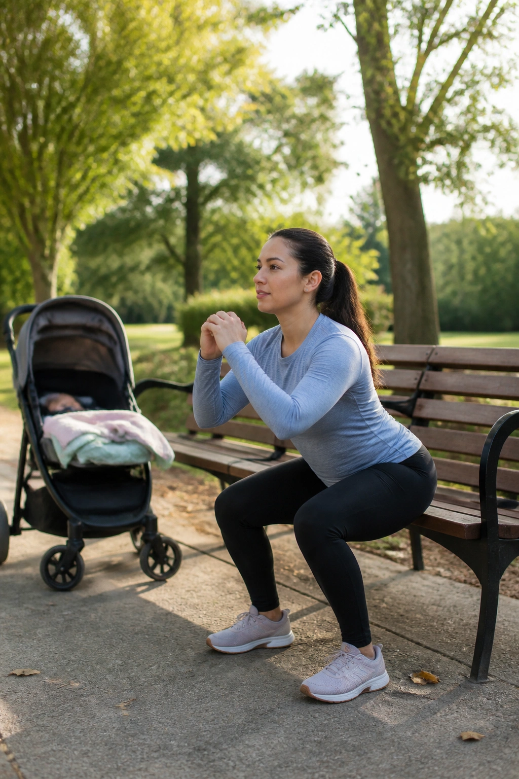 Person doing stop-and-go squats near park bench with stroller parked