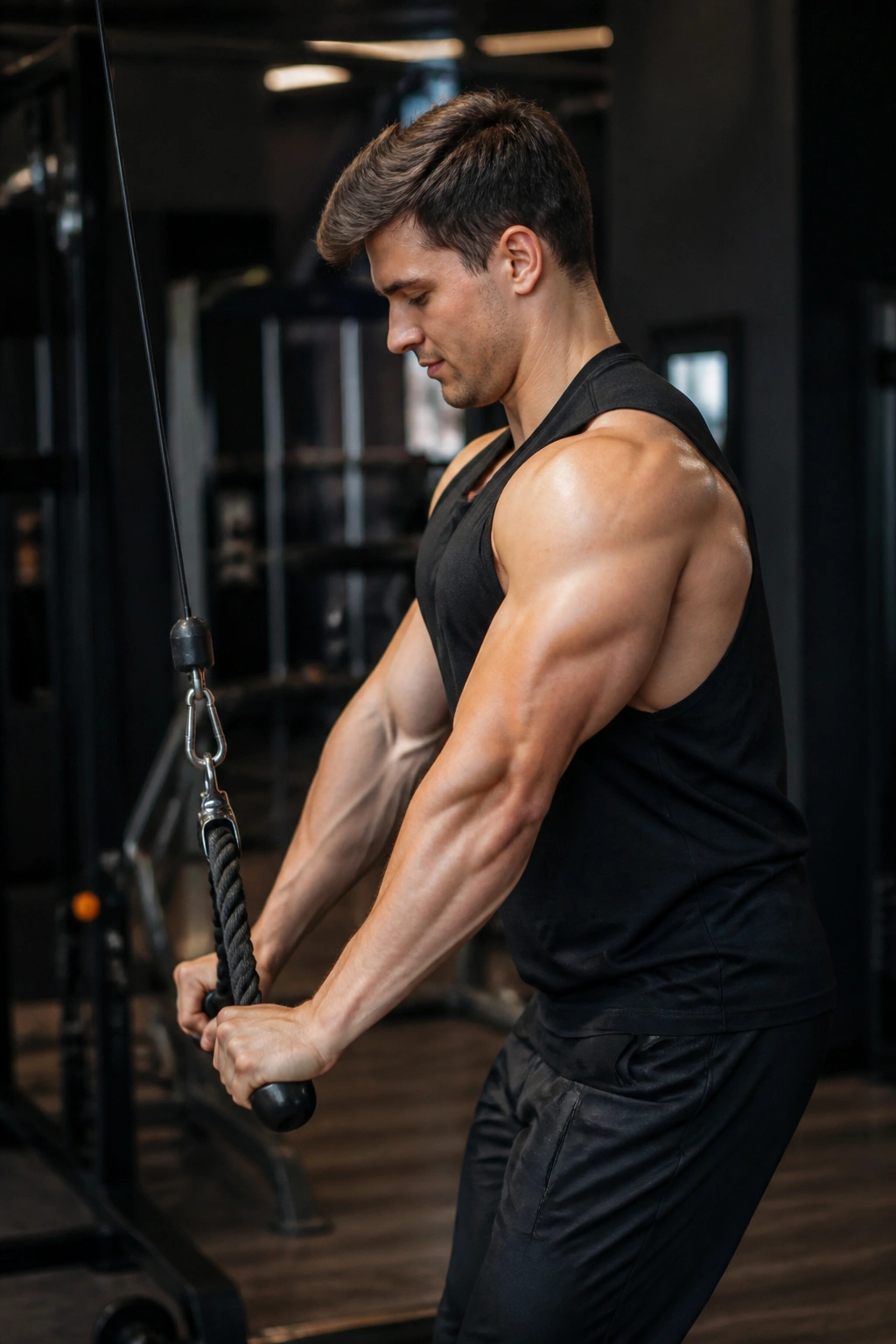 Close-up of a person doing straight-arm pulldowns highlighting lat engagement