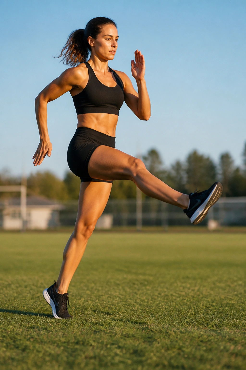 Medium close-up of a real athlete performing straight-leg bounds on grass