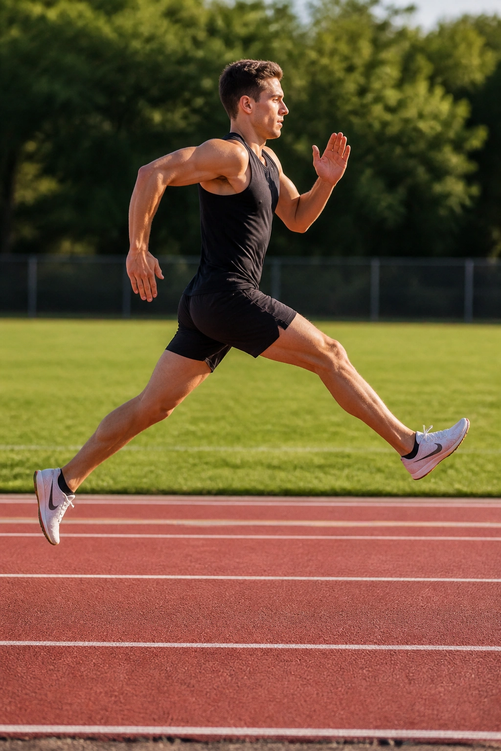Runner doing straight-leg bounds on an outdoor track