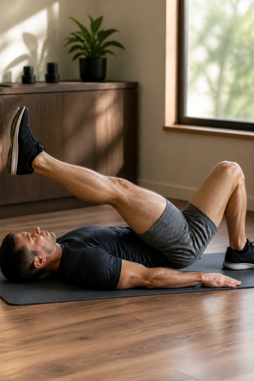 Medium close-up of straight-leg raise on a mat with leg lifted.