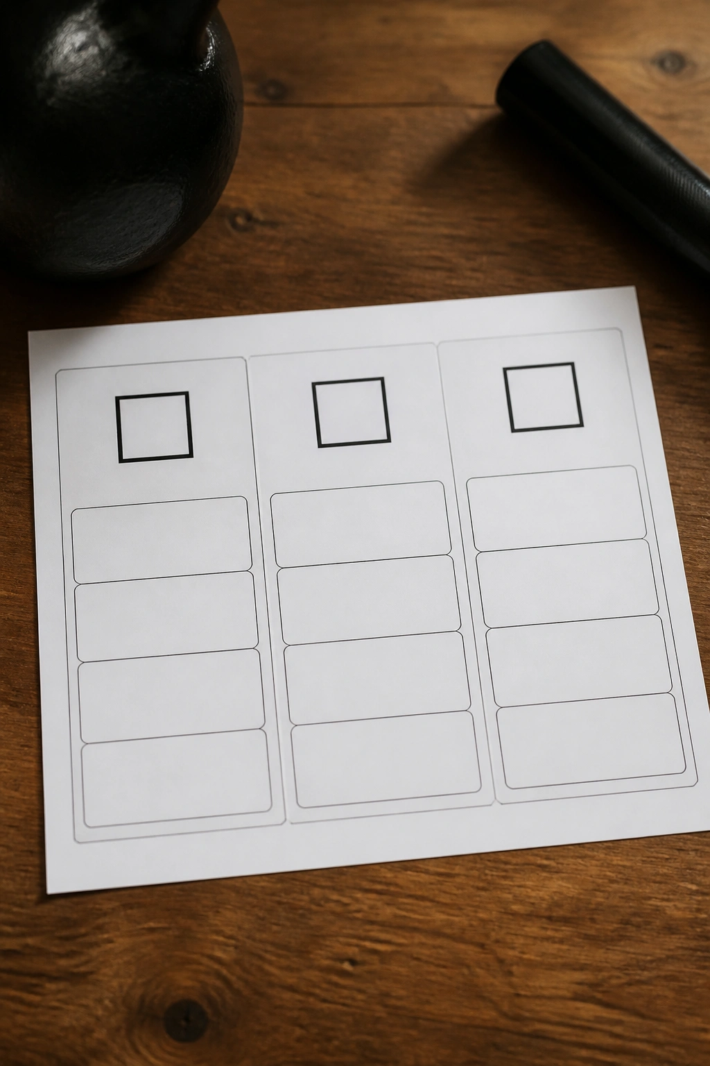 Medium close-up of a strength split calendar page with large checkboxes on a desk