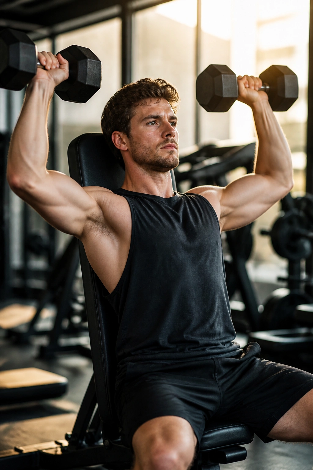 Person performing dumbbell shoulder press in gym