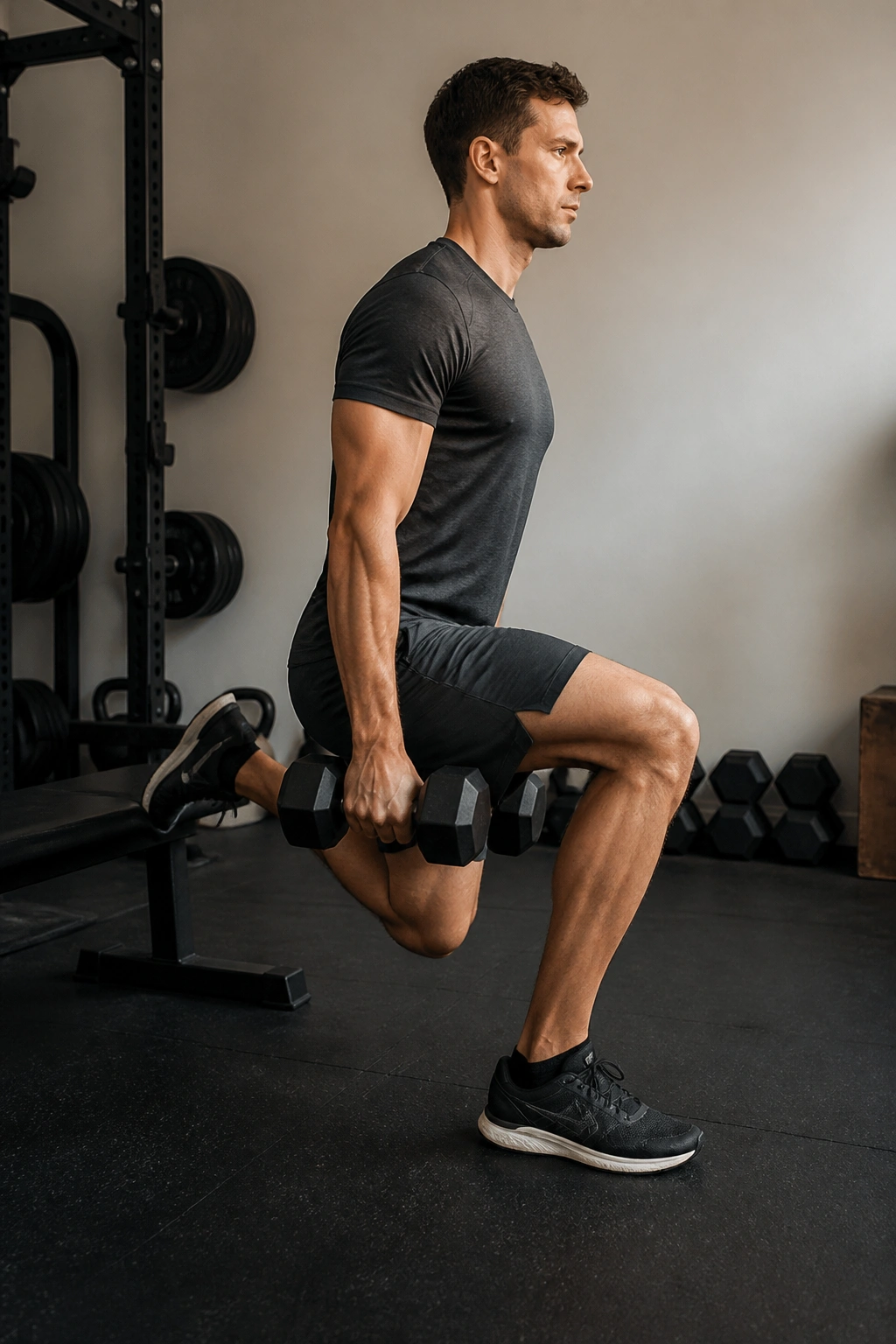 Athlete performing split squat as part of runner strength circuit