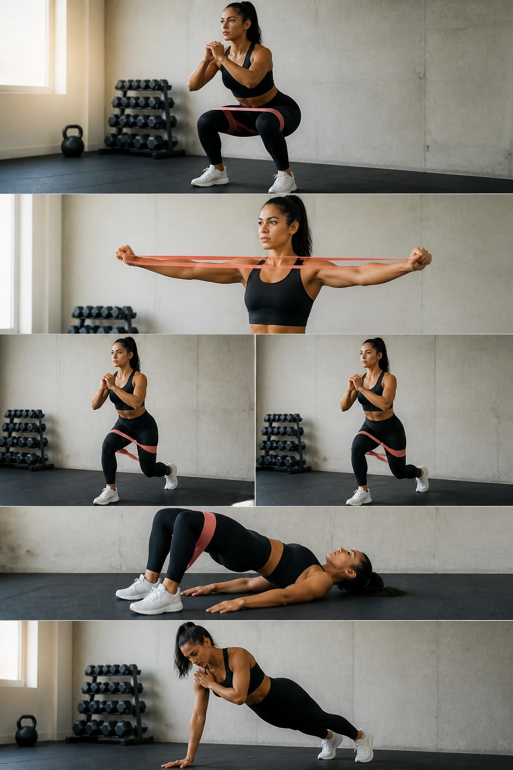 Person performing a compact strength circuit in a home gym