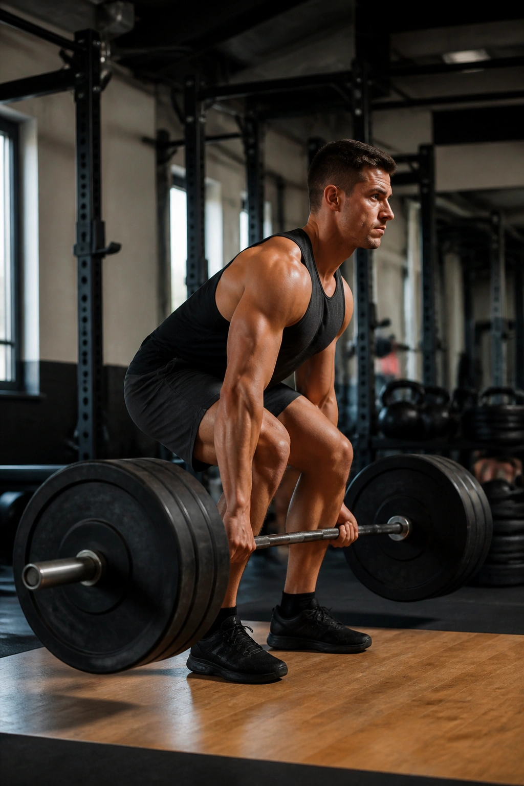 Real person performing heavy barbell deadlift in gym