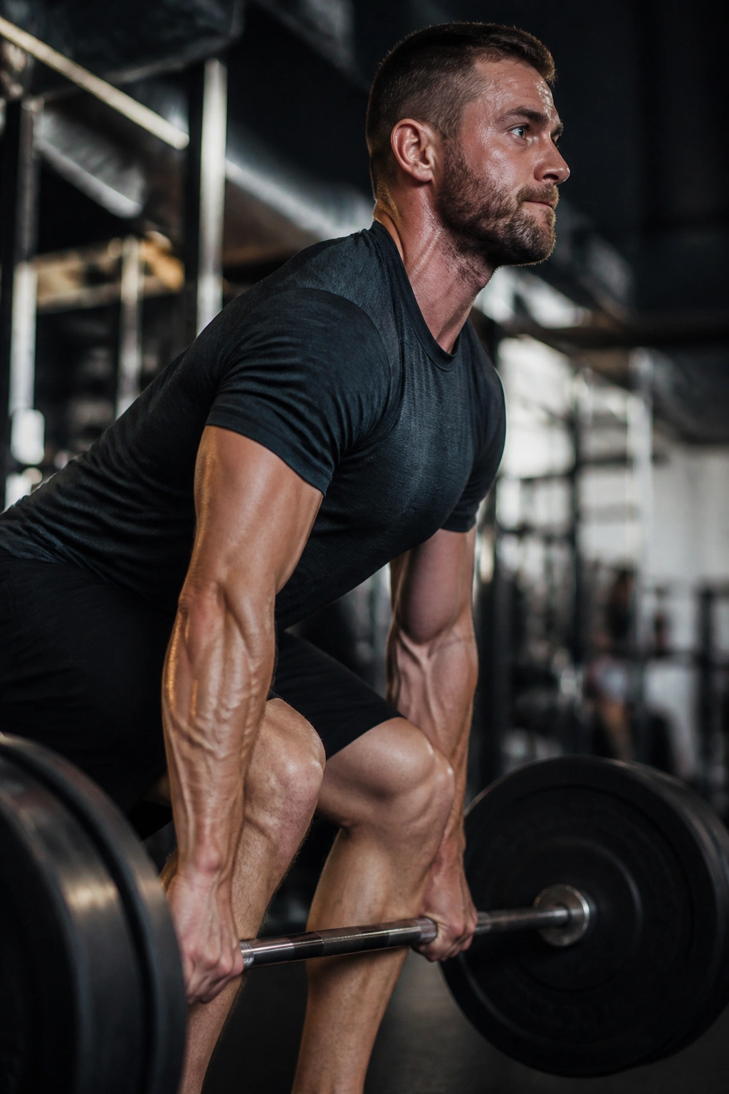 Athlete gripping heavy barbell during strength-endurance training in a gym