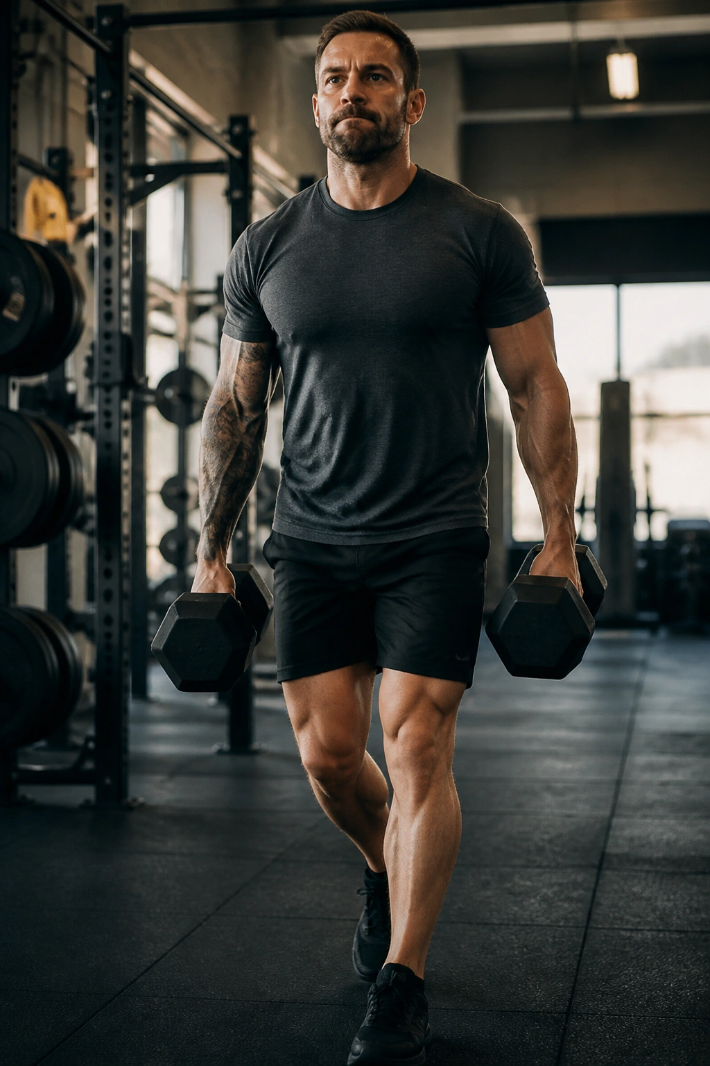 Person carrying dumbbells in a gym demonstrating strength-endurance