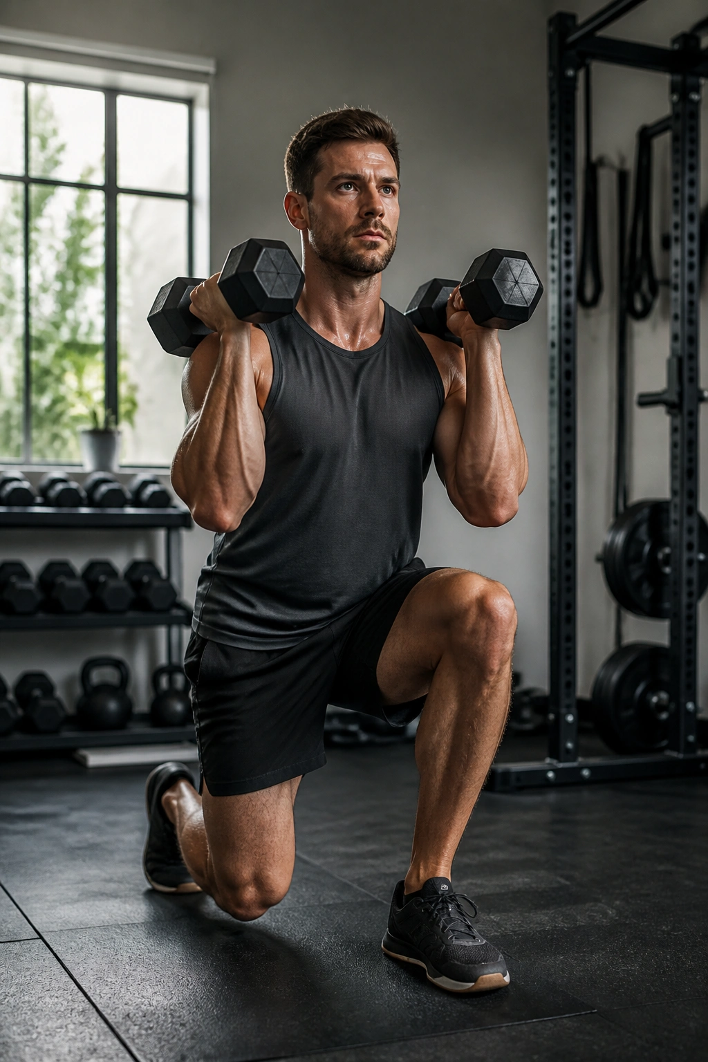 Lifter executing a dumbbell ladder sequence in a focused gym setting.