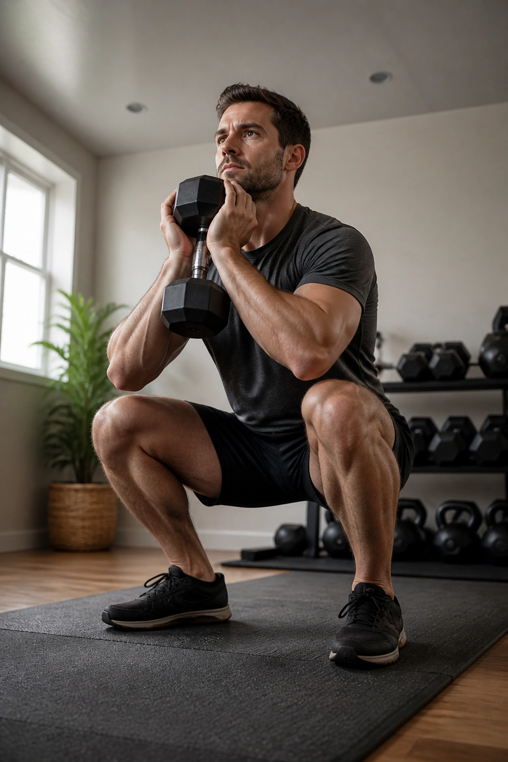 Real person performing goblet squats with a dumbbell in a small home gym