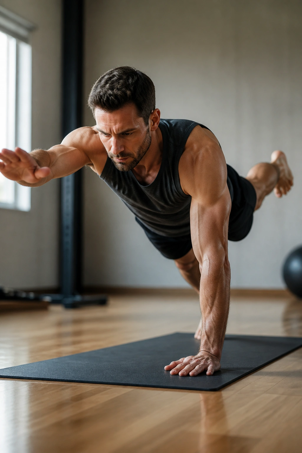 Mid-shot of a man performing a strength-focused Pilates plank variation on a mat