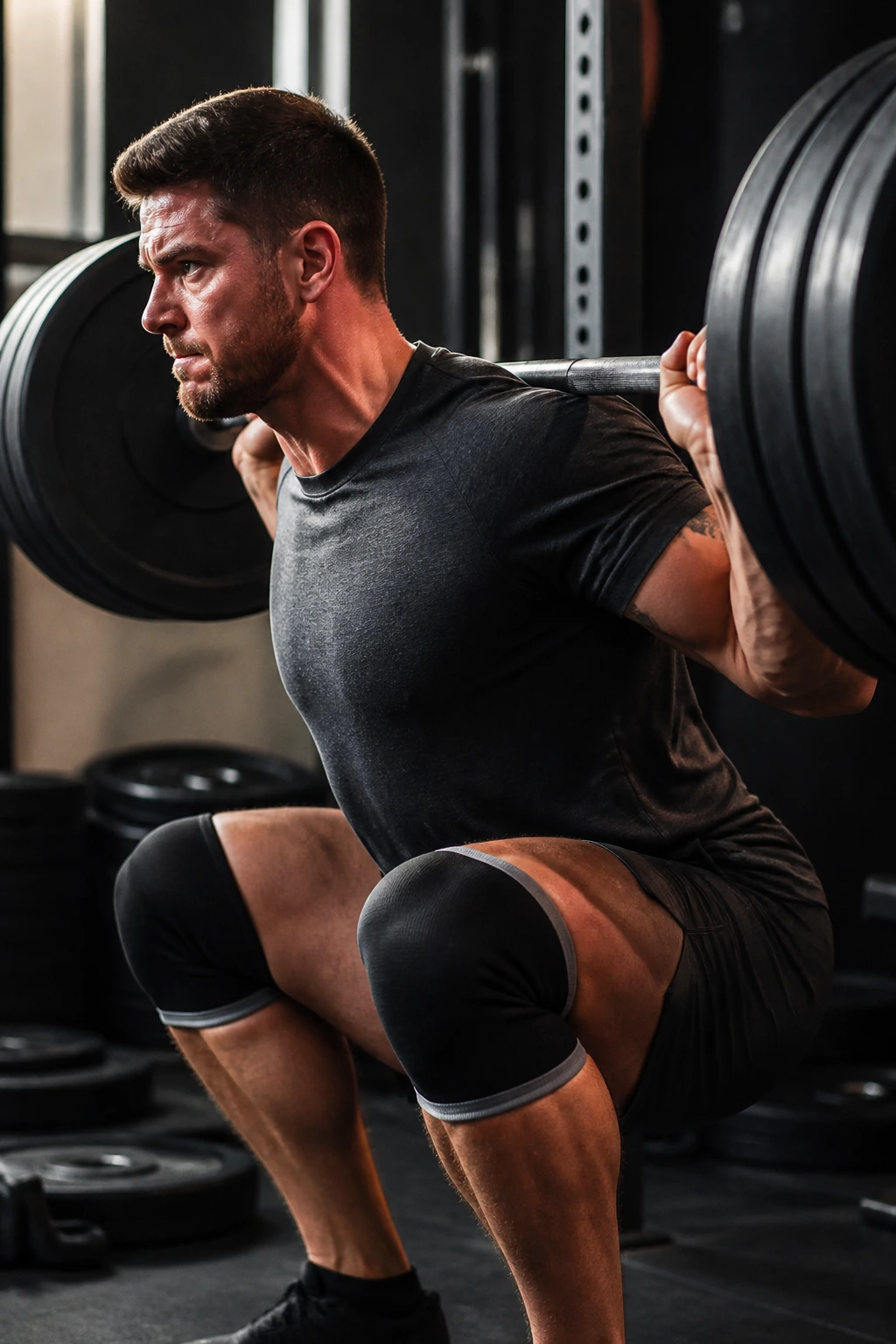 Lifter performing heavy back squat in a gym with intense lighting