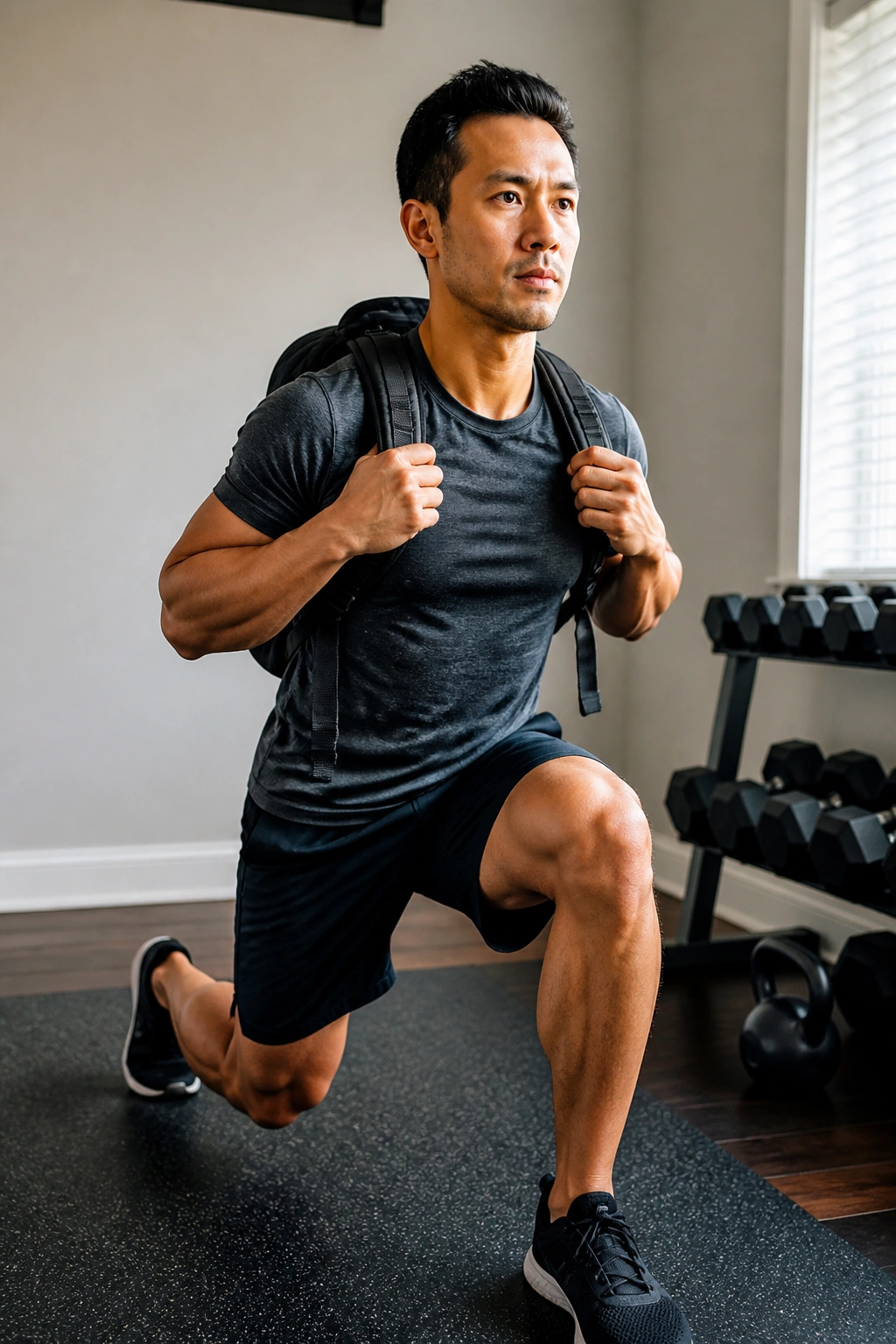 Person performing a short strength exercise with a backpack