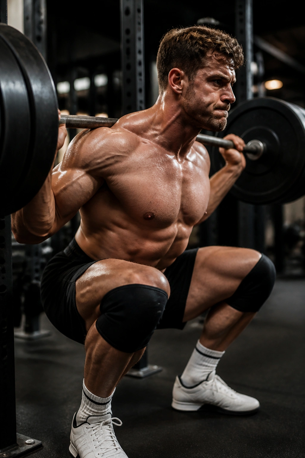 Athlete performing heavy back squat in gym