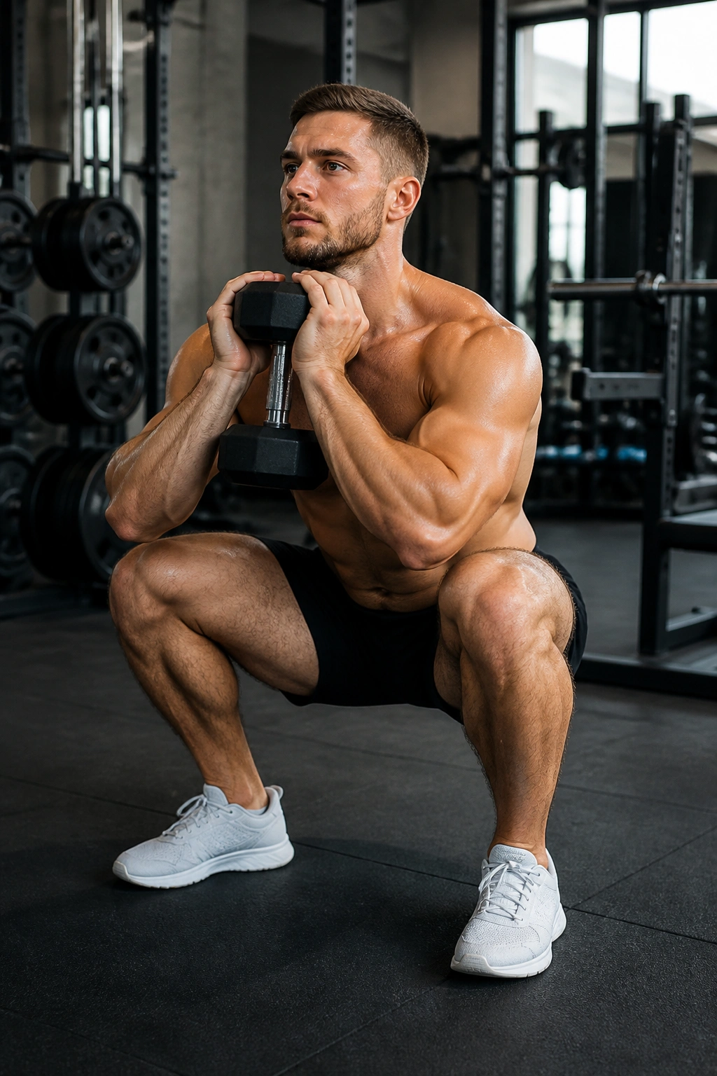 Person performing goblet squat with dumbbell in gym