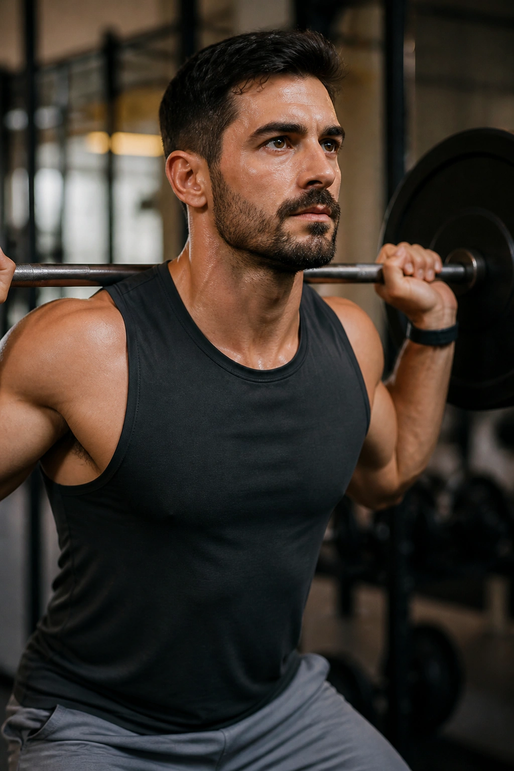 Close-up of a real person lifting with controlled form in a gym, keeping two reps in reserve