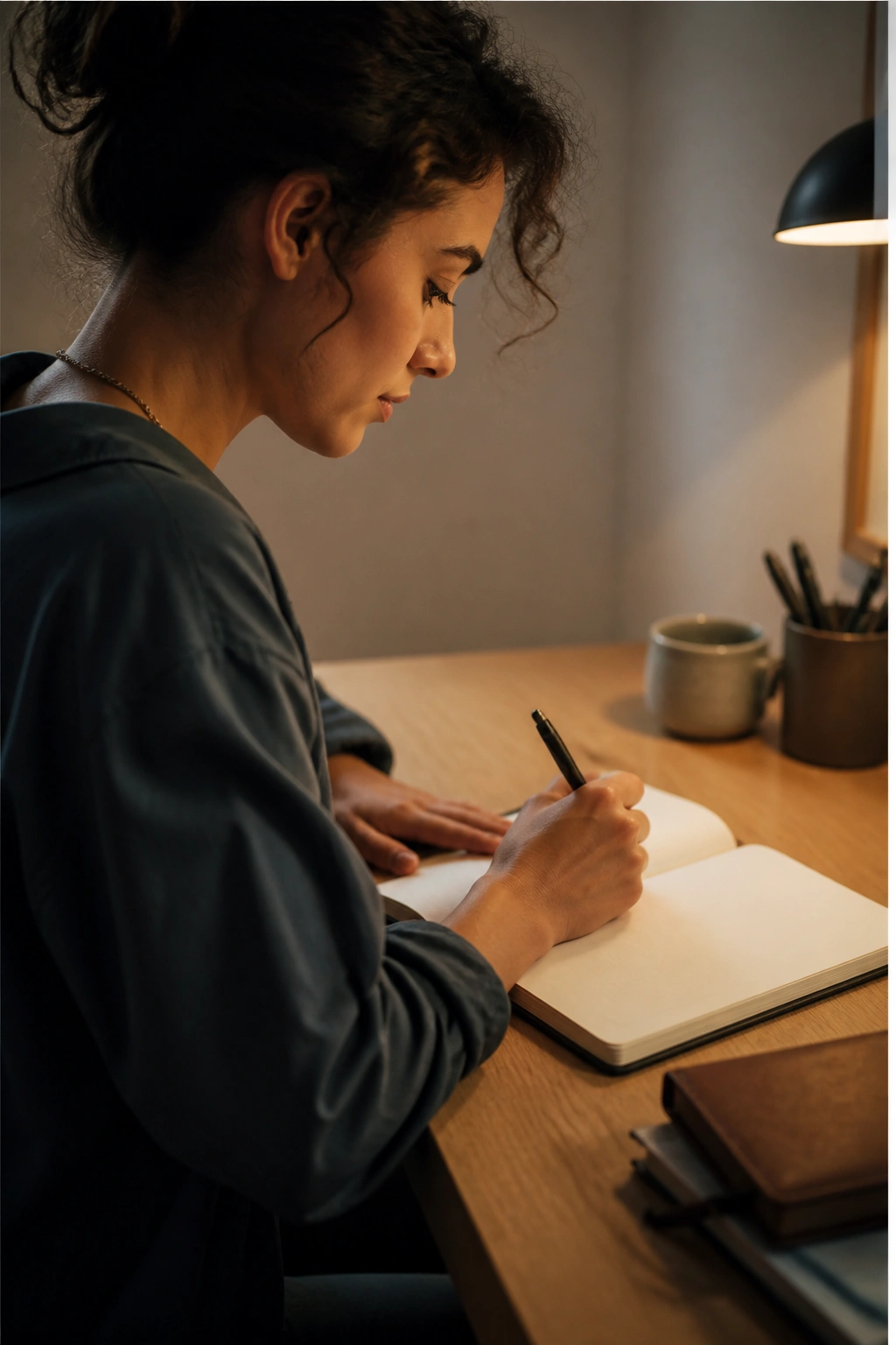 Person writing in a simple notebook at a desk with blank pages visible