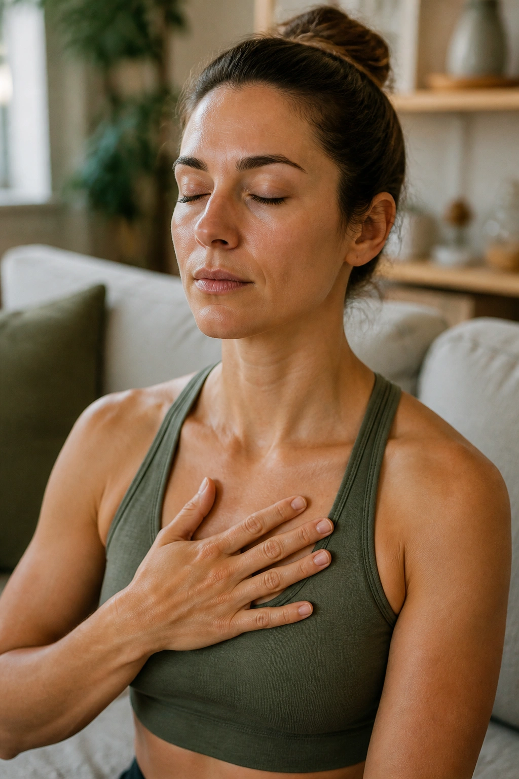 Close-up of a person practicing slow breathing in a cozy living room