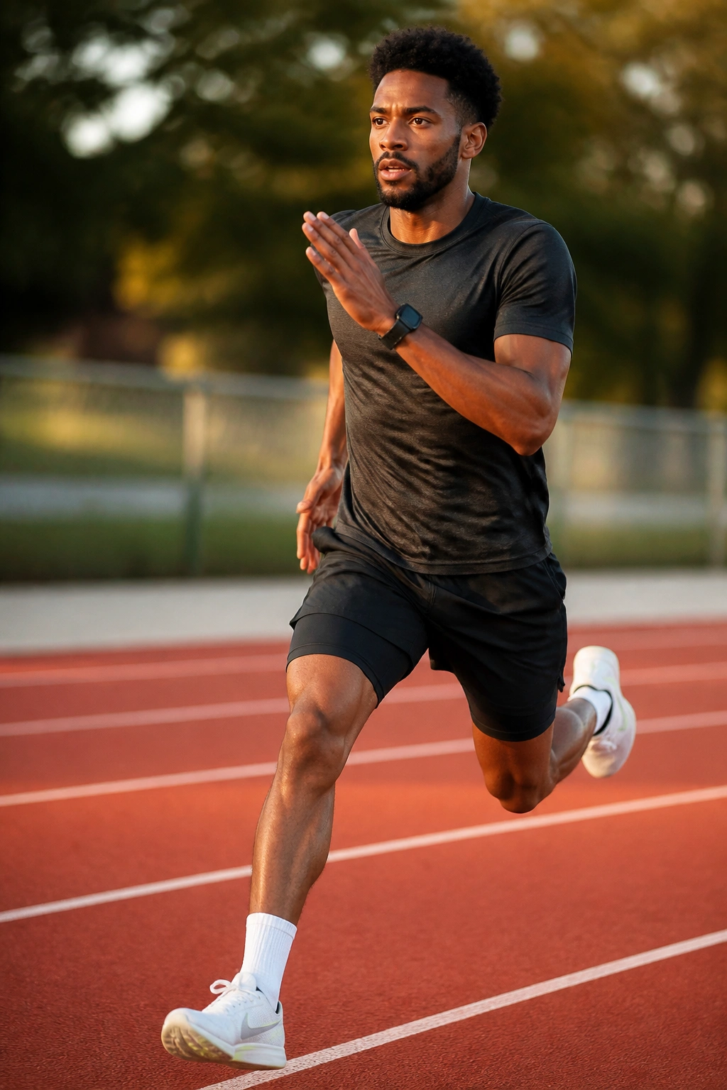 Medium close-up of a runner in mid-stride on a track