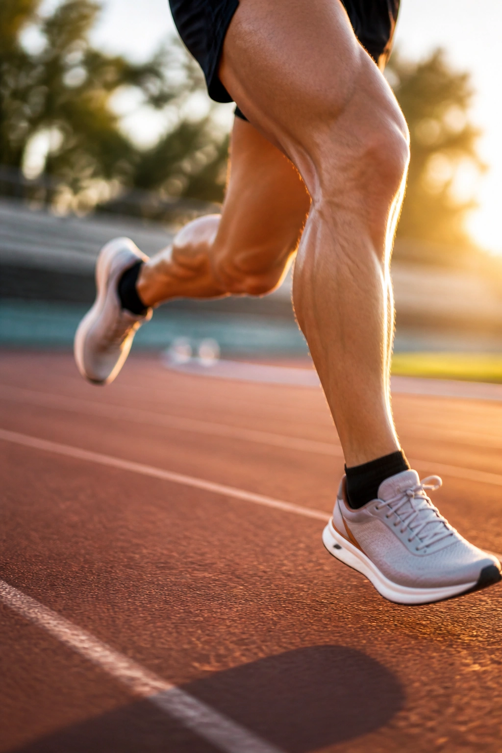 Close-up of a runner's legs in strides on a track during golden hour