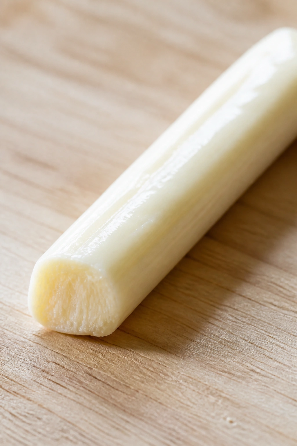 Close-up of a single mozzarella string cheese stick on wooden surface