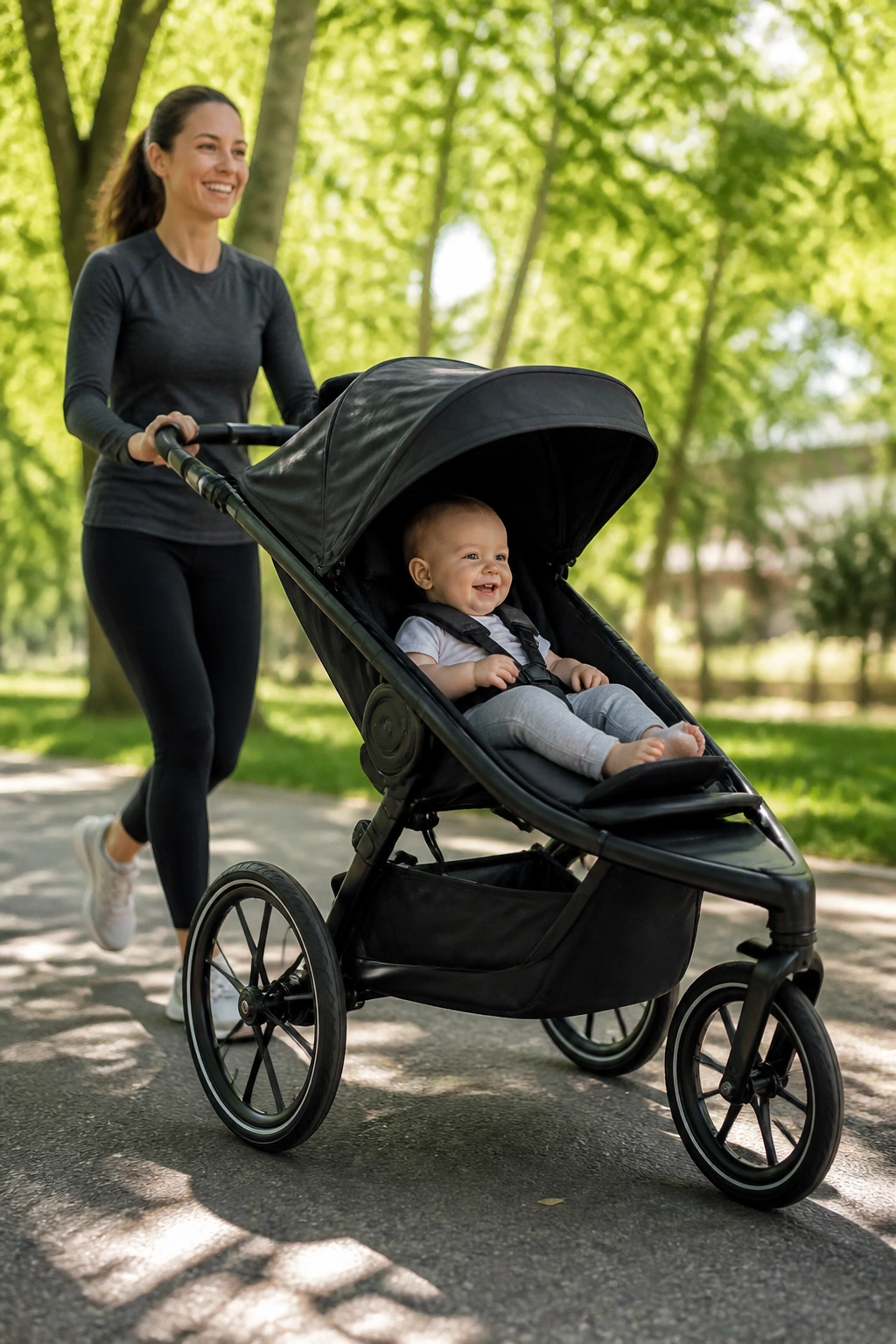 Close-up of a baby in a stroller during an outdoor interval walk on a park path