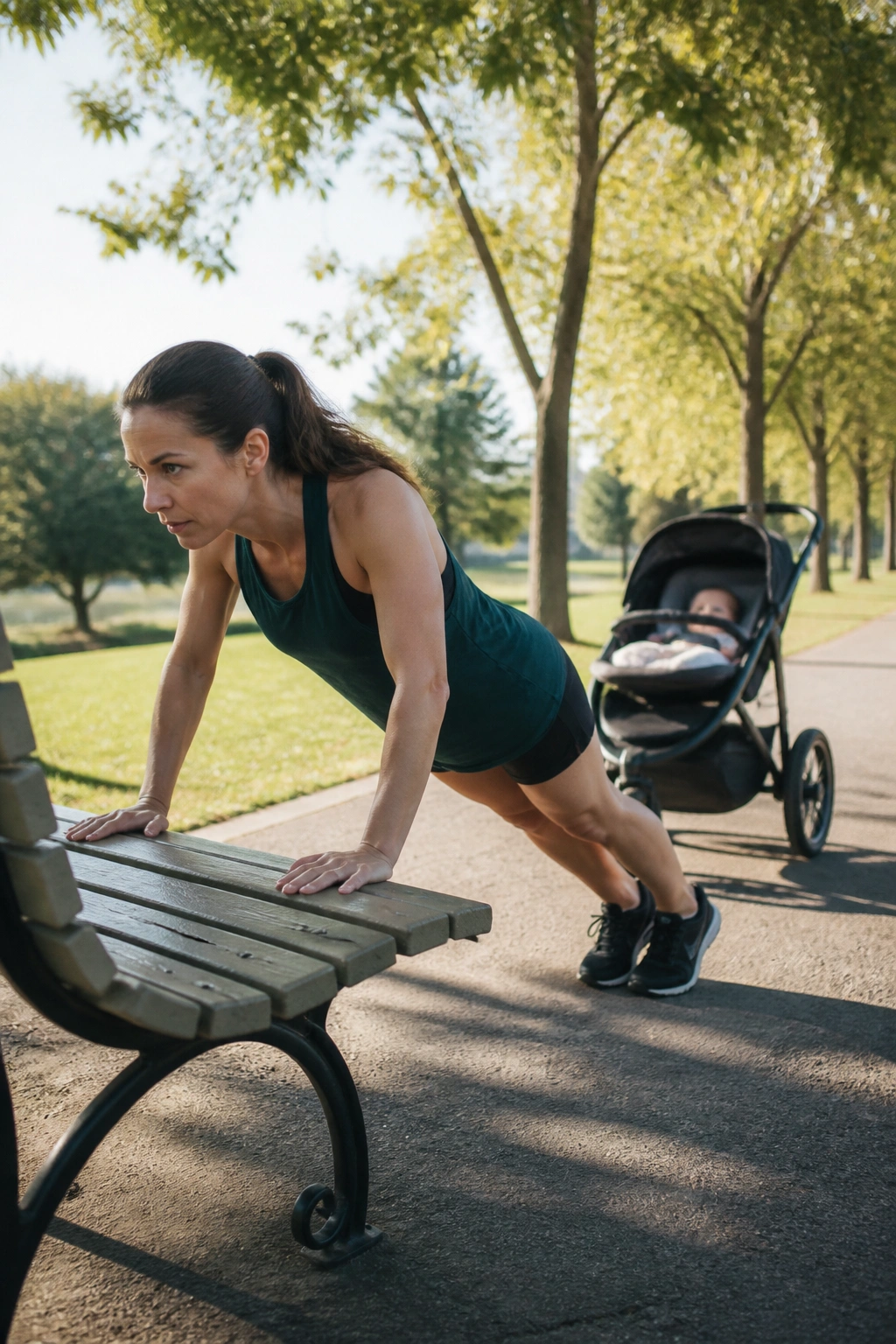 Person doing incline push-ups on a bench with a quick walk back in a park