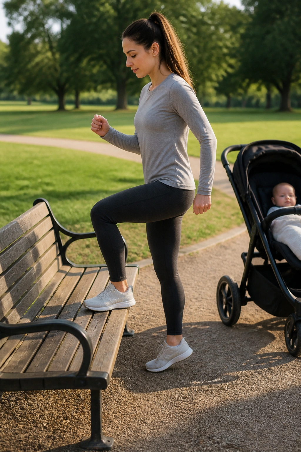 Close-up of a mother performing park bench exercises beside a stroller in a sunny park