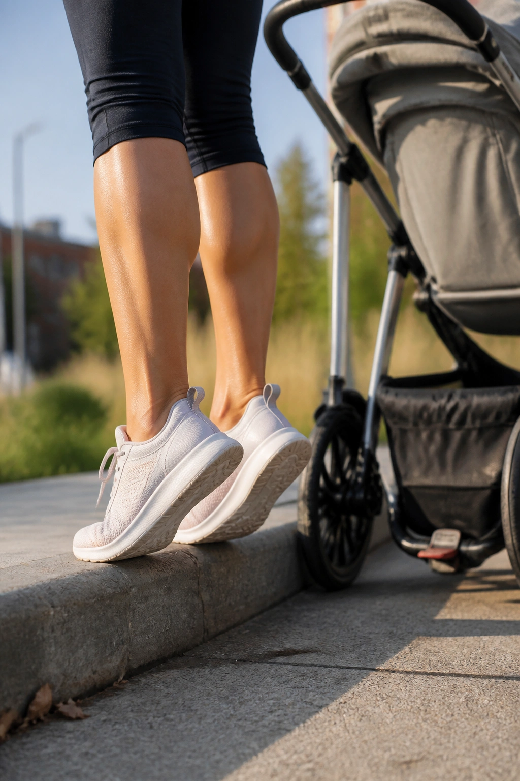 Close-up of calves and toes performing curb calf raises beside a parked stroller