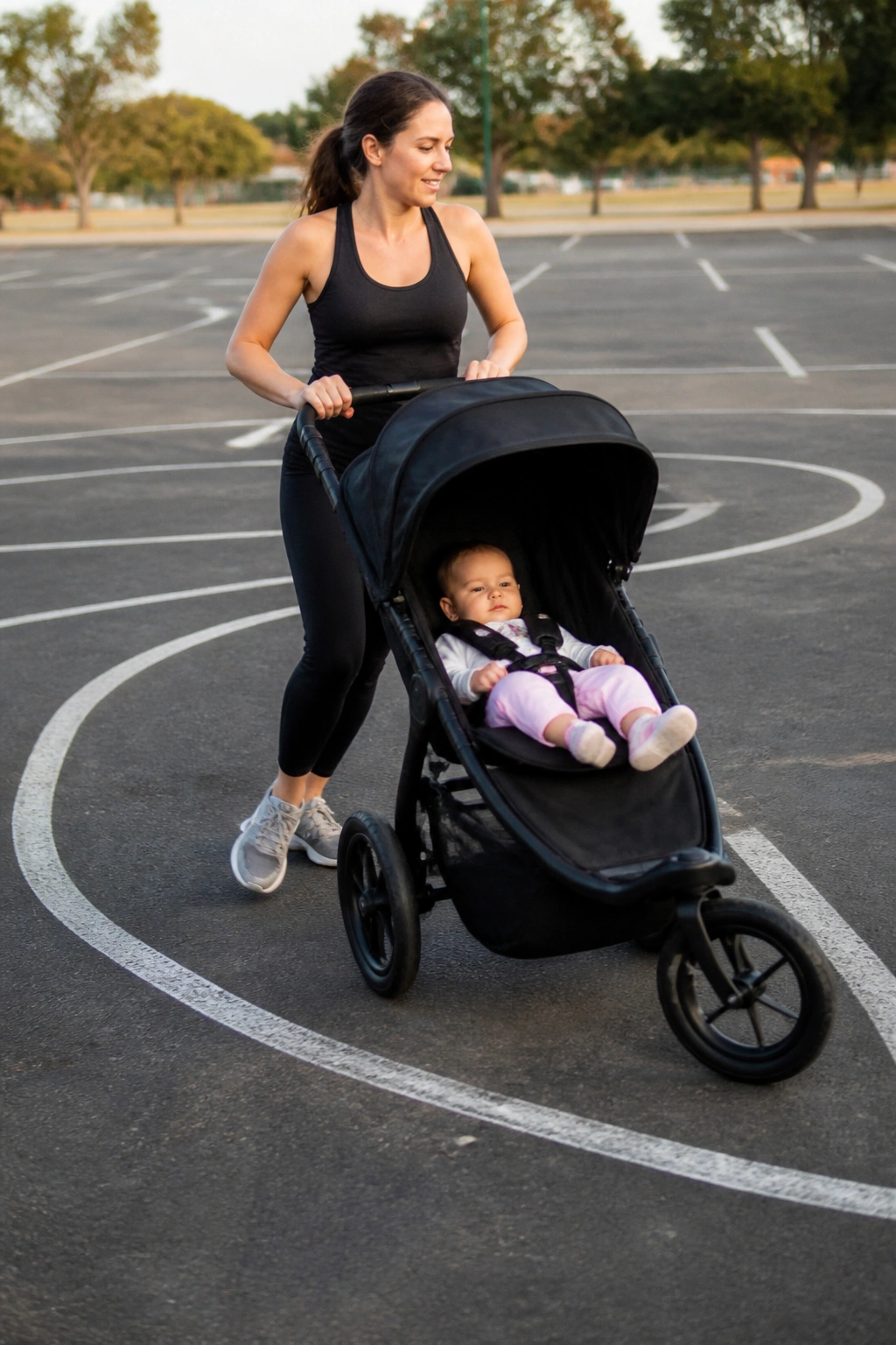 Person pushing stroller in a figure-eight pattern across an empty lot