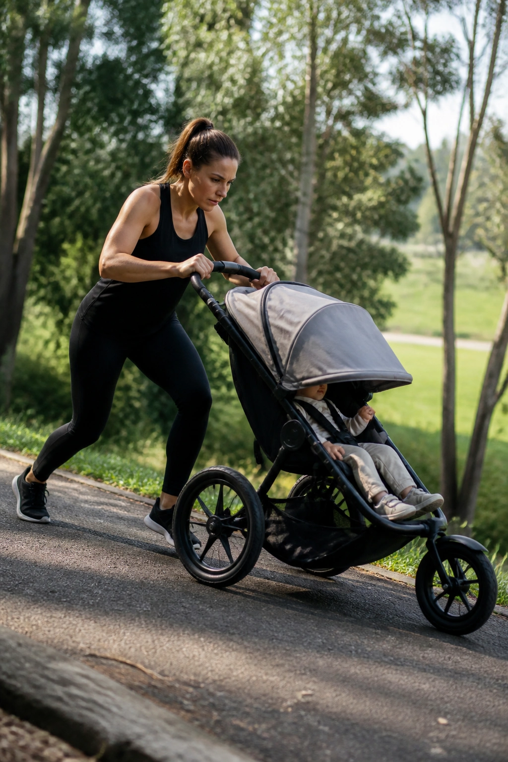 Person pushing stroller uphill on a gentle grade during cardio hill repeats