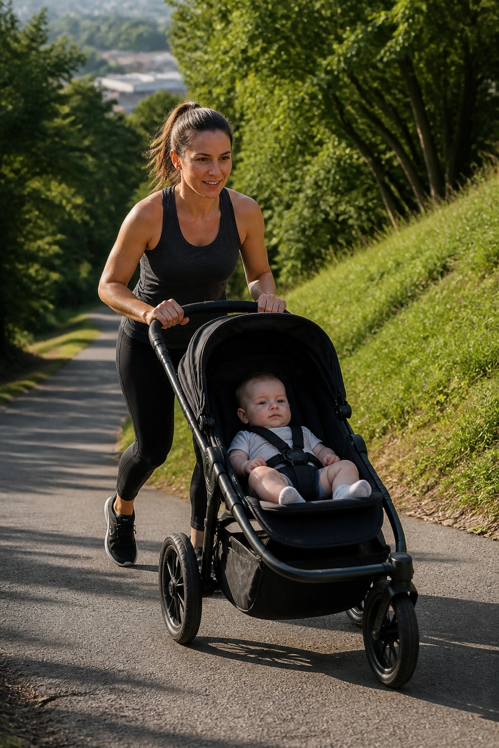 Medium shot of person pushing stroller uphill with baby in park