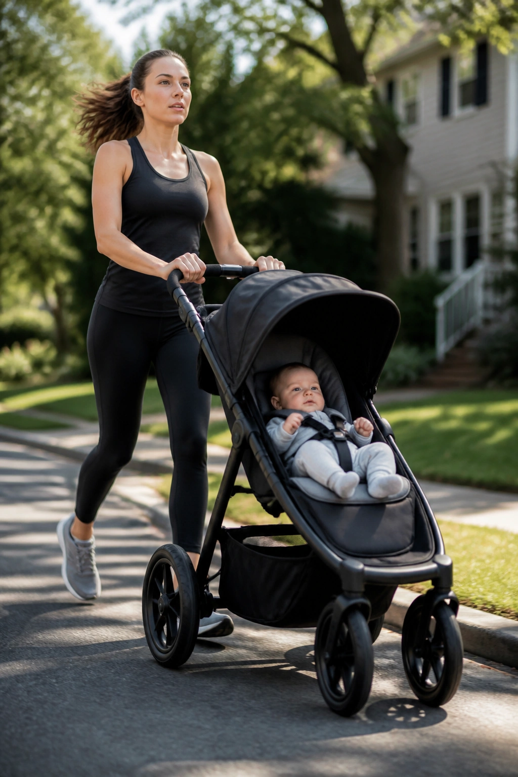 Mom pushing a stroller on a suburban loop with slight motion implying intervals.