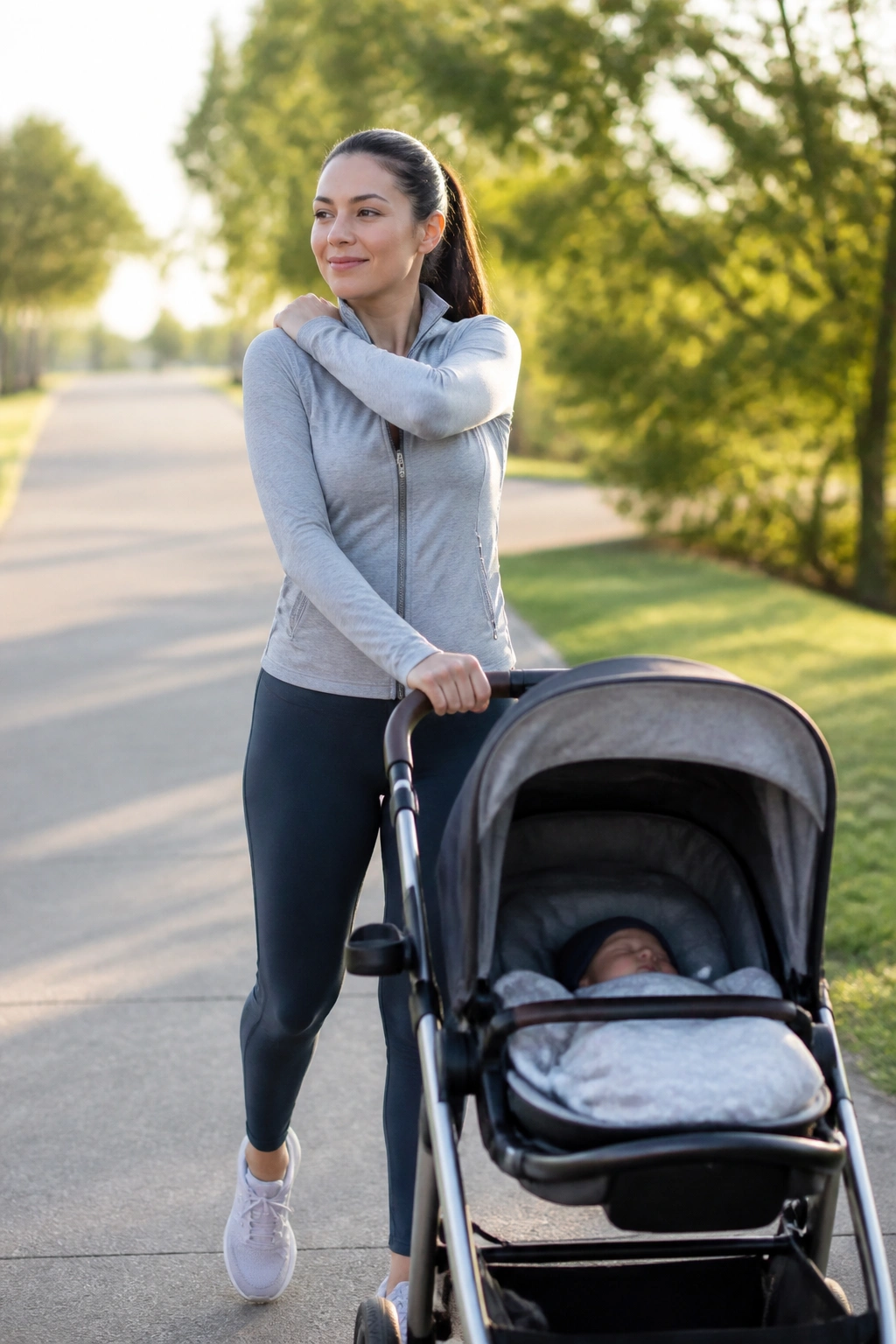 Person walking with stroller performing a shoulder roll on a sidewalk