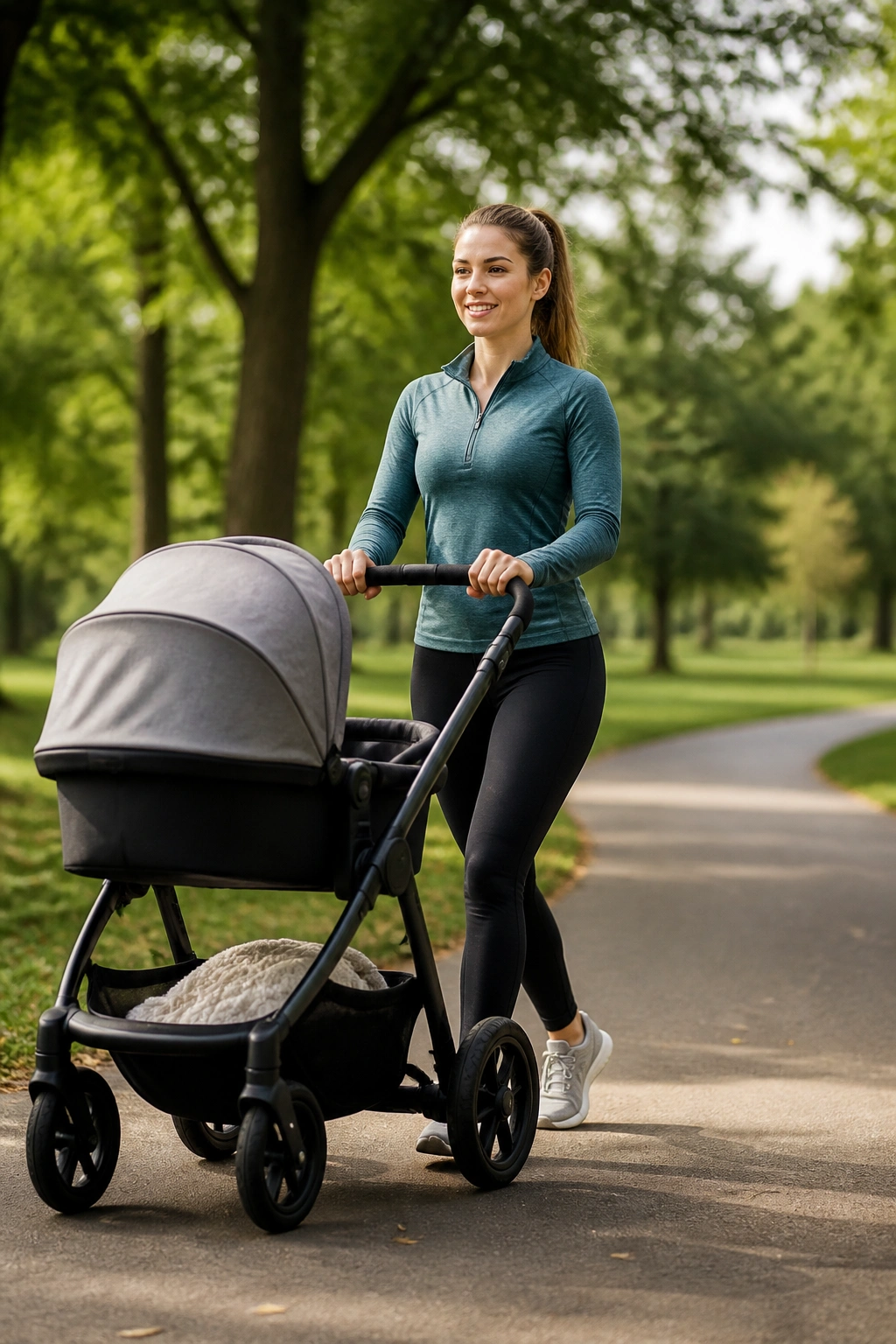 Real person pushing a stroller on a park path during a power walk