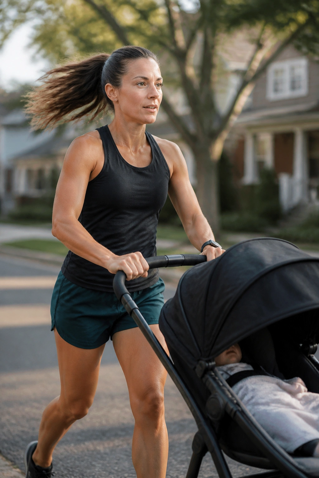 Person pushing a stroller during push-paced intervals on a neighborhood street