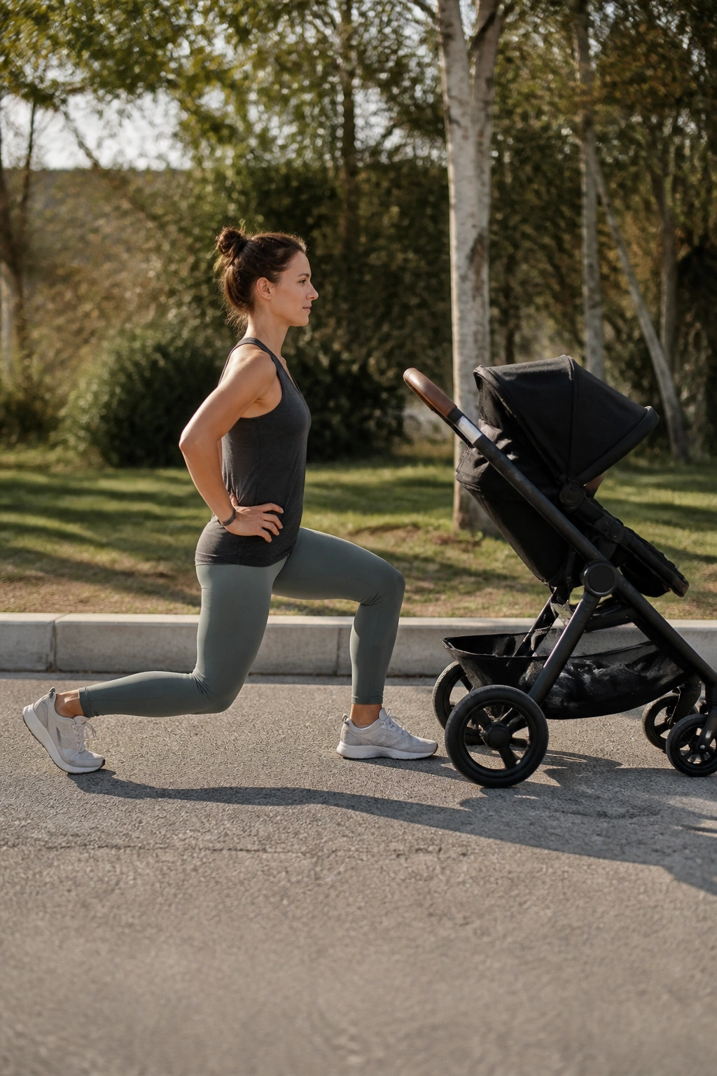 Side view of a person doing reverse lunges beside a stroller with brake locked