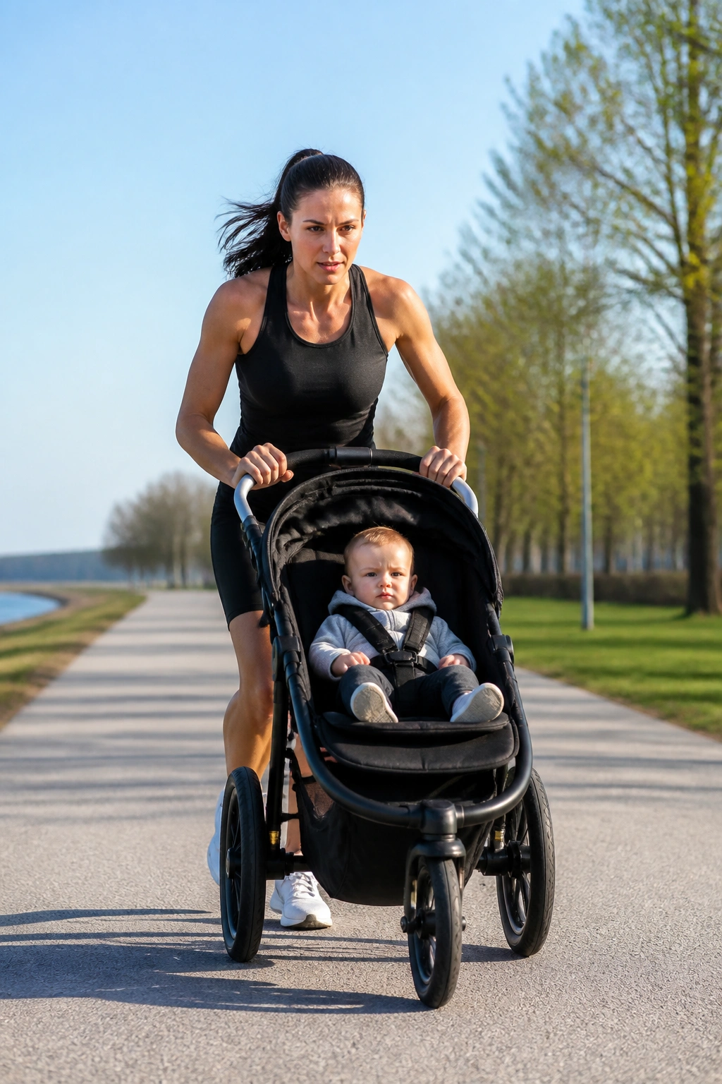 Stroller sprint on a straight open path with a focused push