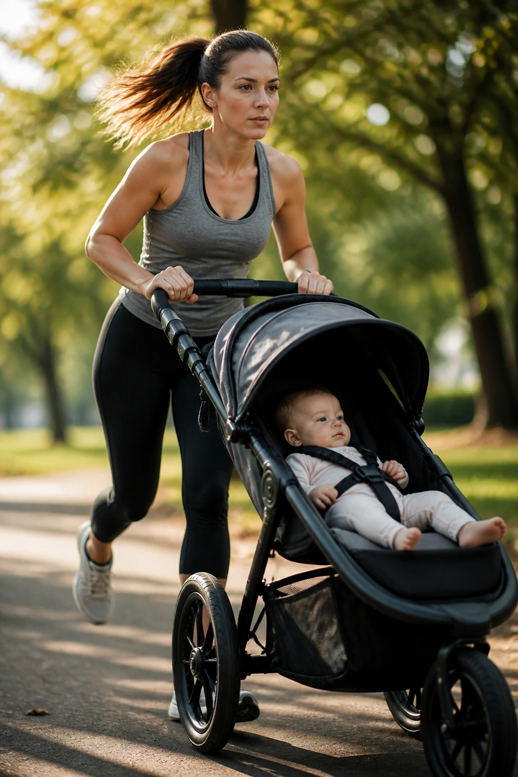 Mom pushing stroller with a brief sprint on a park path