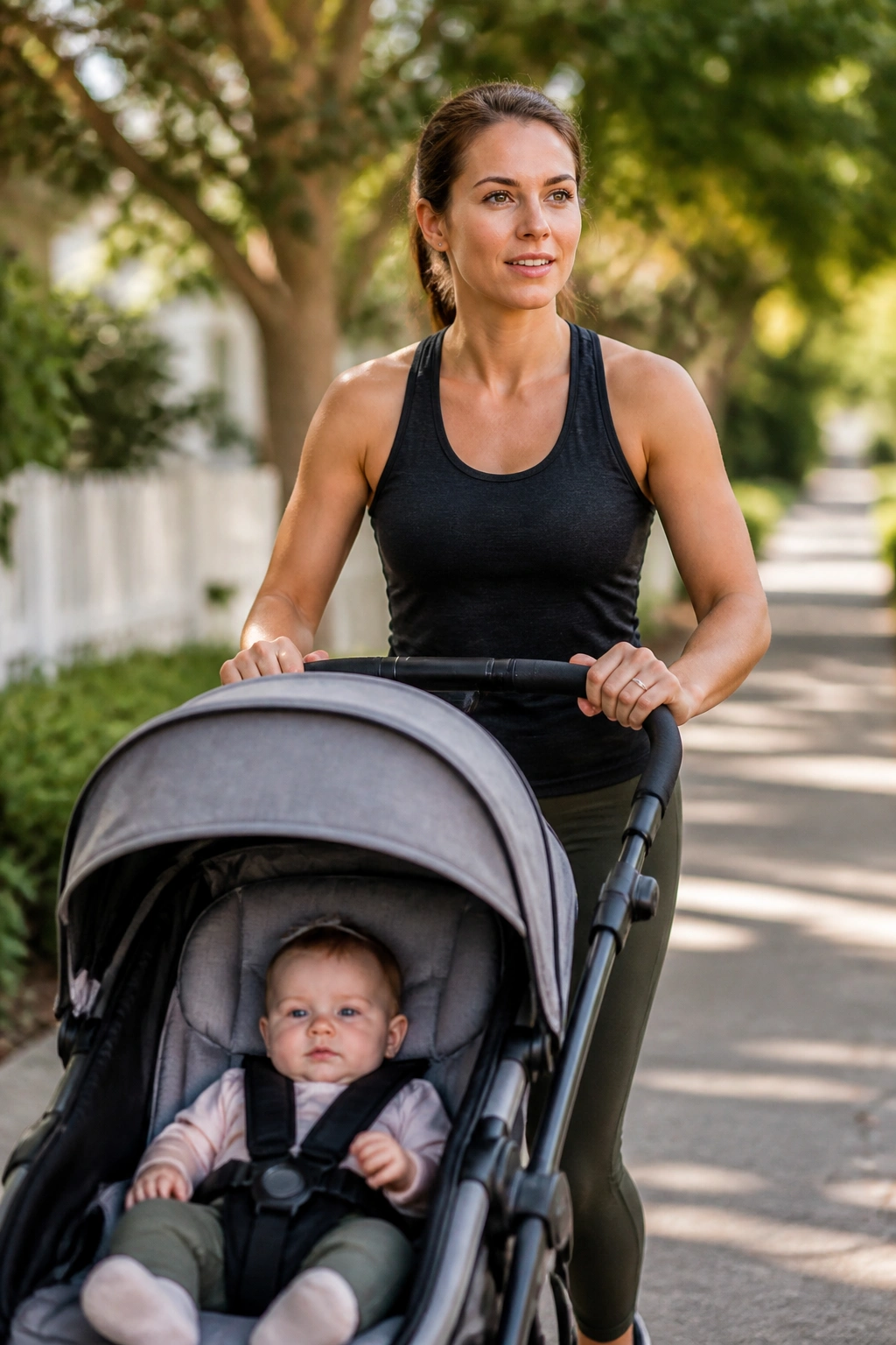 Close-up of adult pushing stroller during brisk flat-loop walk in a sunny neighborhood