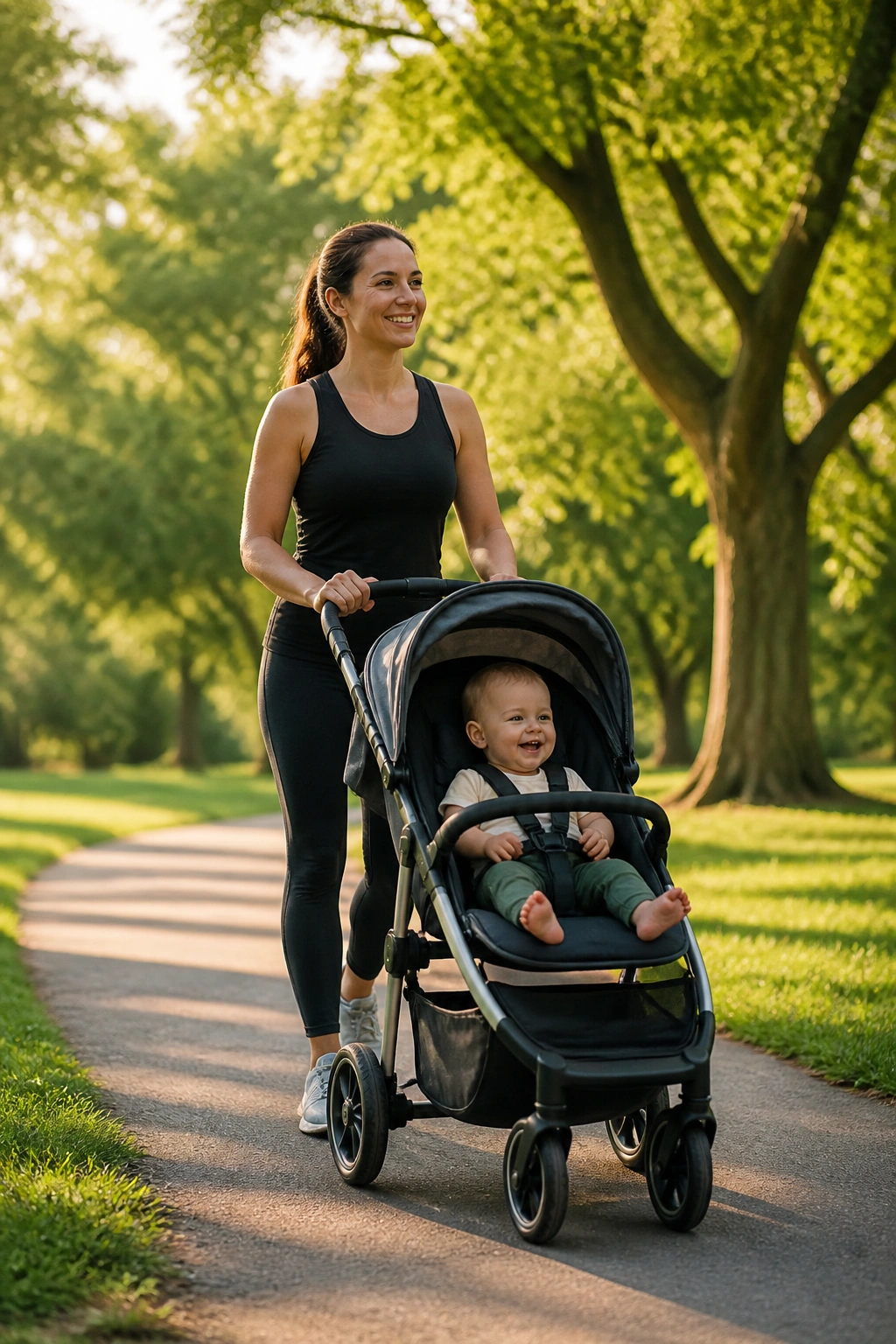 Parent pushing a stroller with baby along a sunlit park path